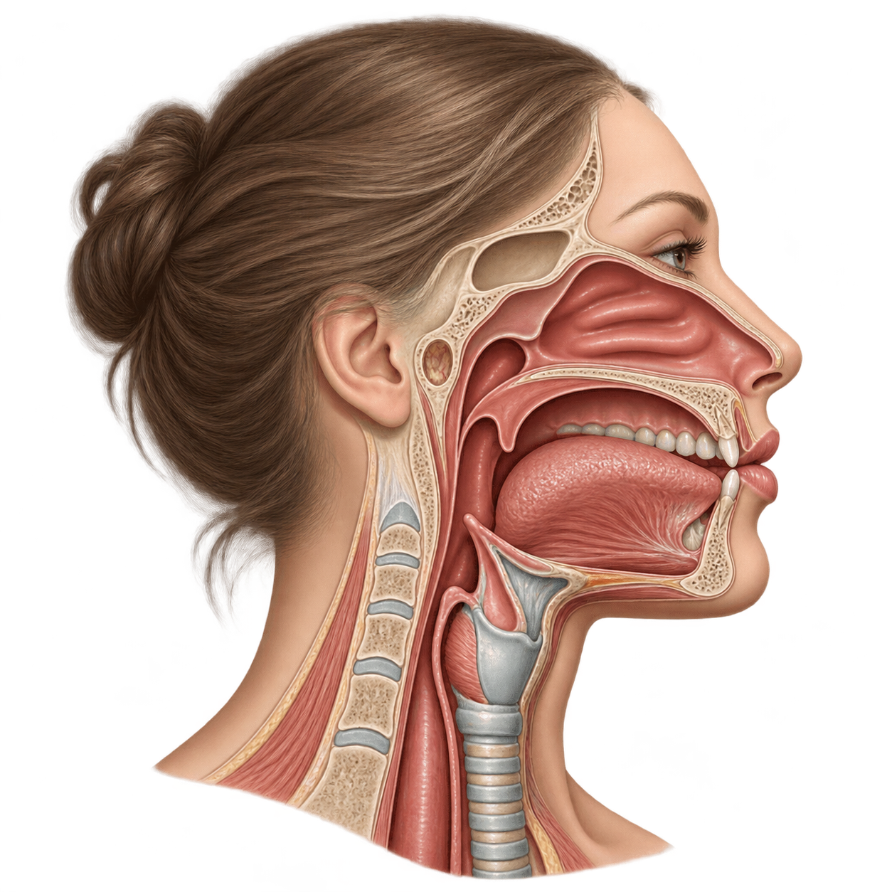 Illustrative side-view cutaway of the mouth, tongue, nasal cavity and throat